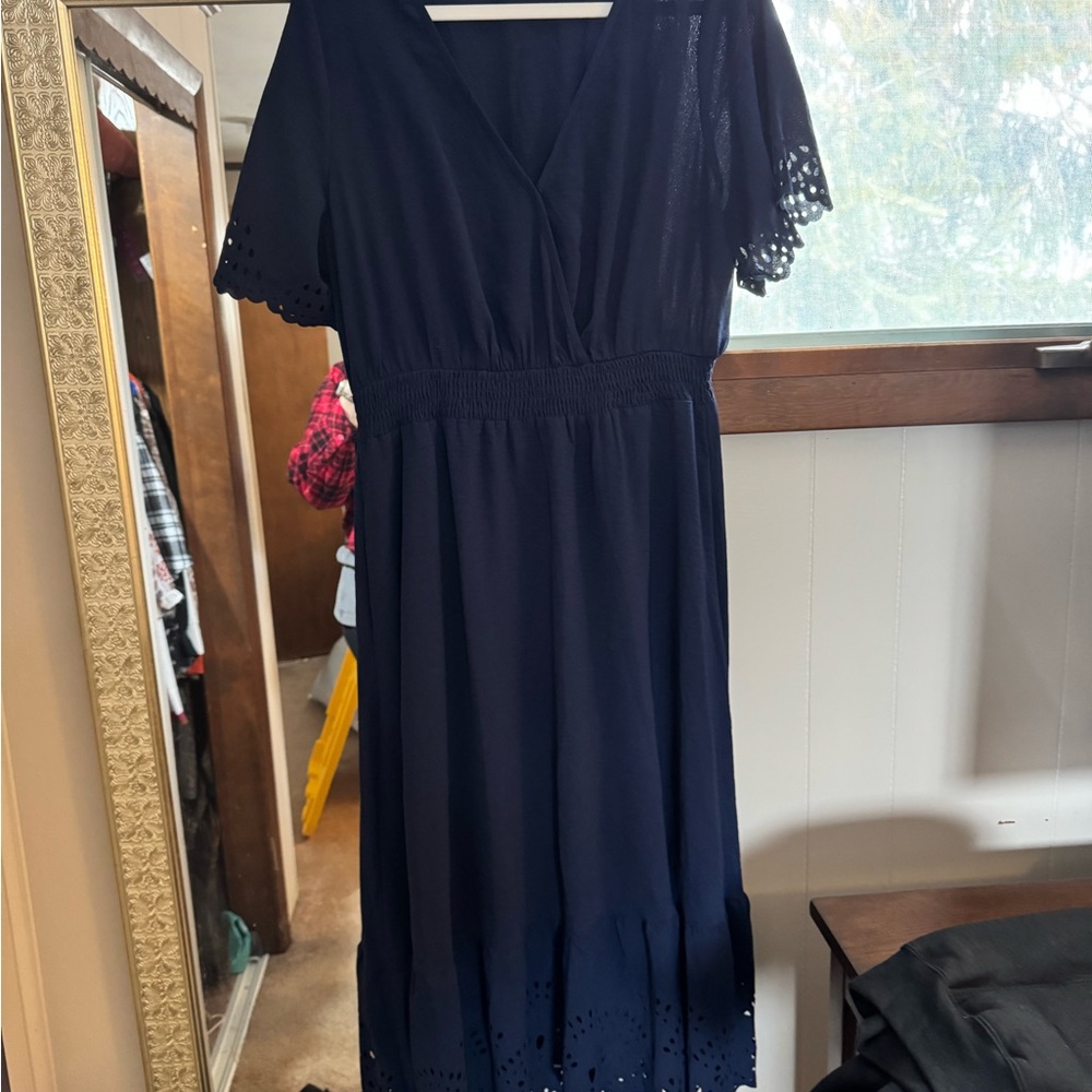 BloomChic Navy Midi Dress with Lace Sleeves - Picture 2 of 5
